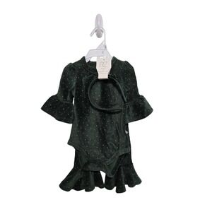 RZ Baby Rachel Zoe 3 Piece Set Green‎ Corduroy Gold Dot Outfit 3/6M